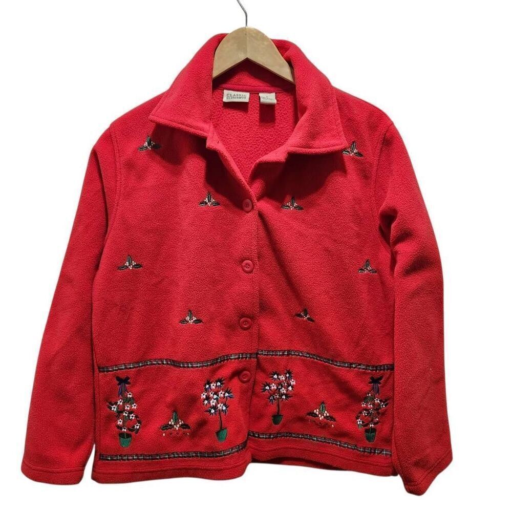Classic‎ Elements red floral embroidered button front fleece jacket small